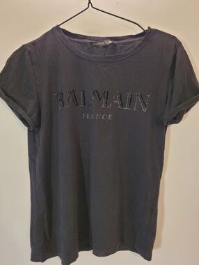 Balmain X H&M France Collab Black Velvet Logo Short Sleeve T-shirt - S